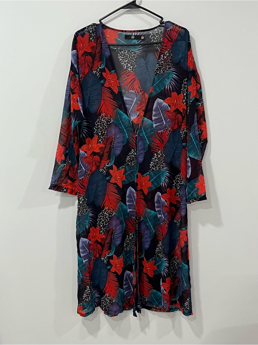 Beach Cover-Up - Sheer Floral Swimsuit Cover Up Robe Red and Black
